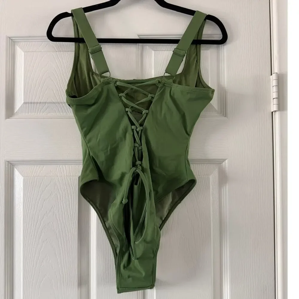 ta3 hi cut squarey one piece swim in army green, women size large short